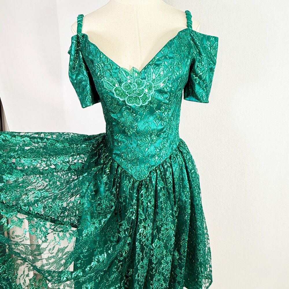 Gunne Sax | Metallic Shiny Forest Green Lace Fairy Dream Winter Dress | Sz 6 - Picture 4 of 14
